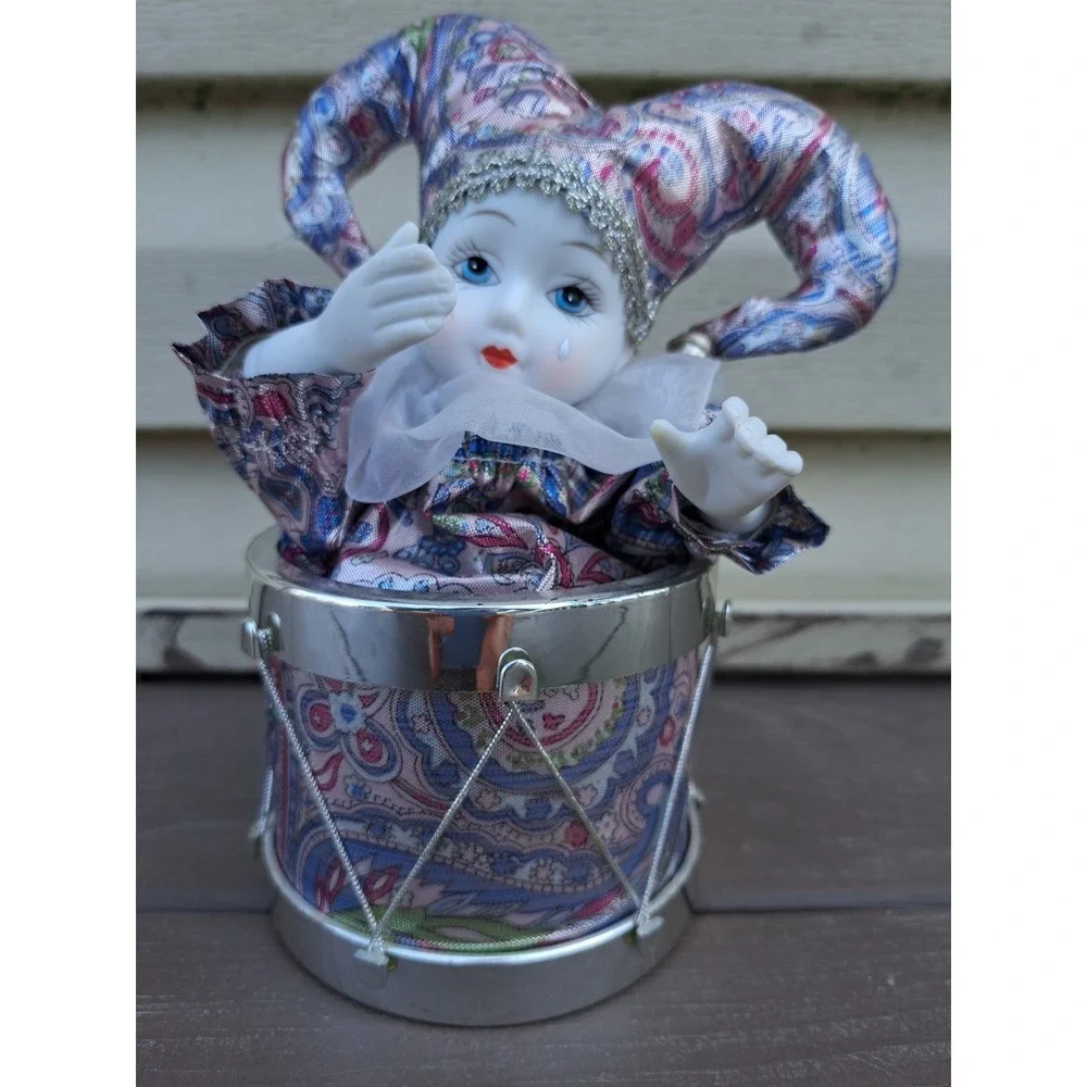 Vintage Musical Animated Jester Clown Doll  Box Porcelain Head Hands